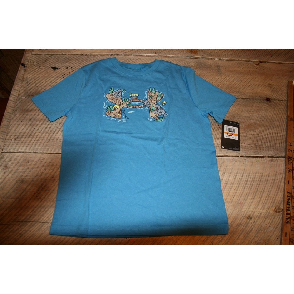 Under Armour Graphic Tee Kids Small Ether Blue NWT Outdoors Adventure Logo Shirt
